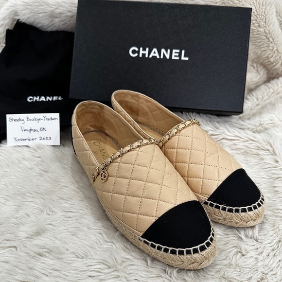 Chanel Beige & Black Chain Quilted Leather Espadrilles - Picture 1 of 14